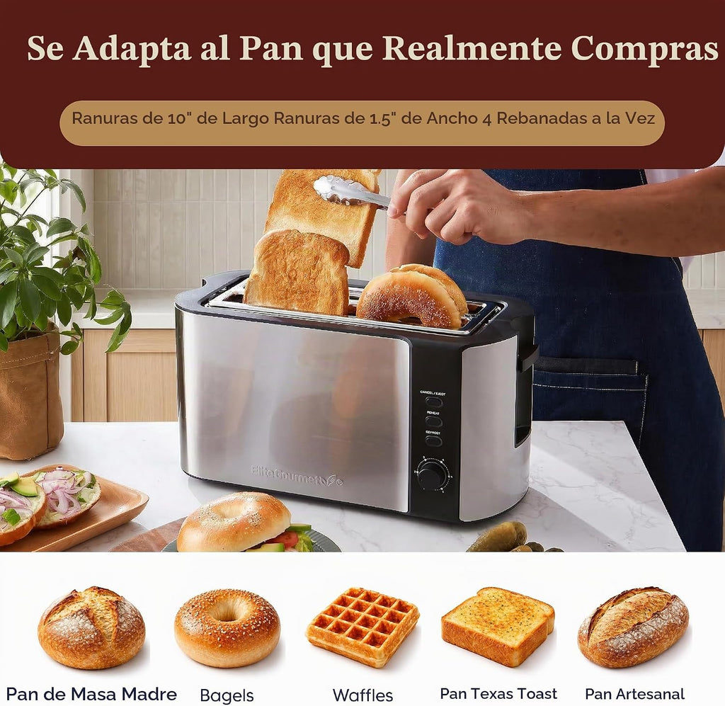 Elite Gourmet Tostadora de ranura larga de 4 rebanadas, ranuras extra