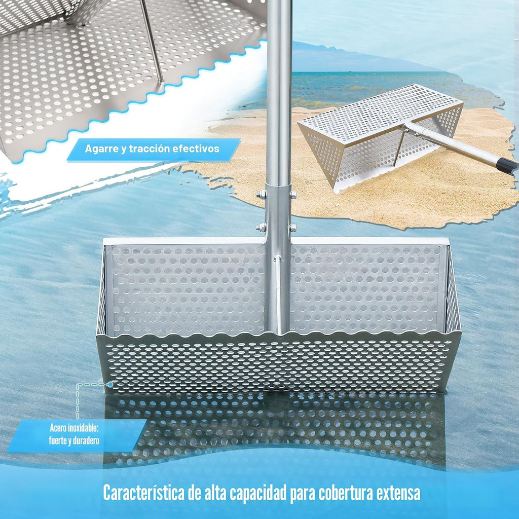 Rastrillo para pulgas de arena, tamiz de arena de mango largo para la playa, tamiz de dientes de tiburón de acero inoxidable viene con una pantalla de malla de 16 pulgadas de ancho para recoger pulgas