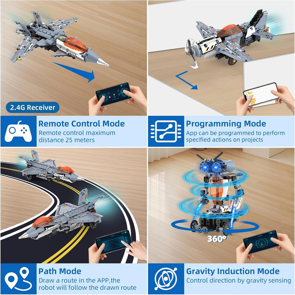 Kit de construcción de robot STEM RC 5 en 1, juego de construcción de aviones Fighter Jet con aplicación y control remoto de 2.4 GHz, juguetes de avión de combate transformables técnicos para niños de 6 7 8 9 10 11 12 + regalos de cumpleaños