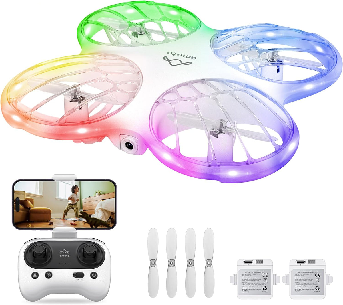 Ameta Morpho 1080P Drone con cámara para niños, luces RGB, 2 baterías
