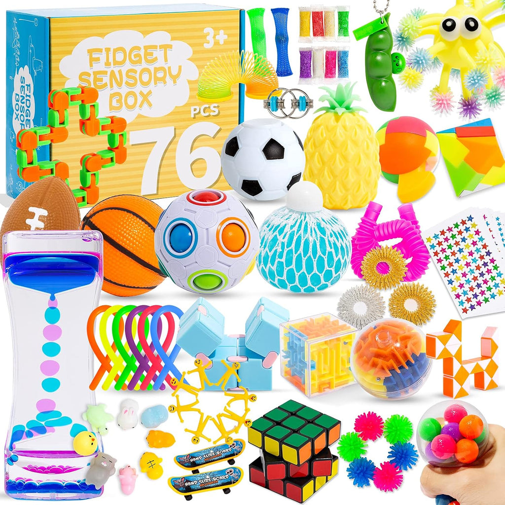 76 piezas Juego de juguetes sensoriales para aliviar el estrés, paquete antiansiedad, juguetes sensoriales para niños y adultos, paquetes de juguetes para manos inquietas con mochi esponjoso, bola