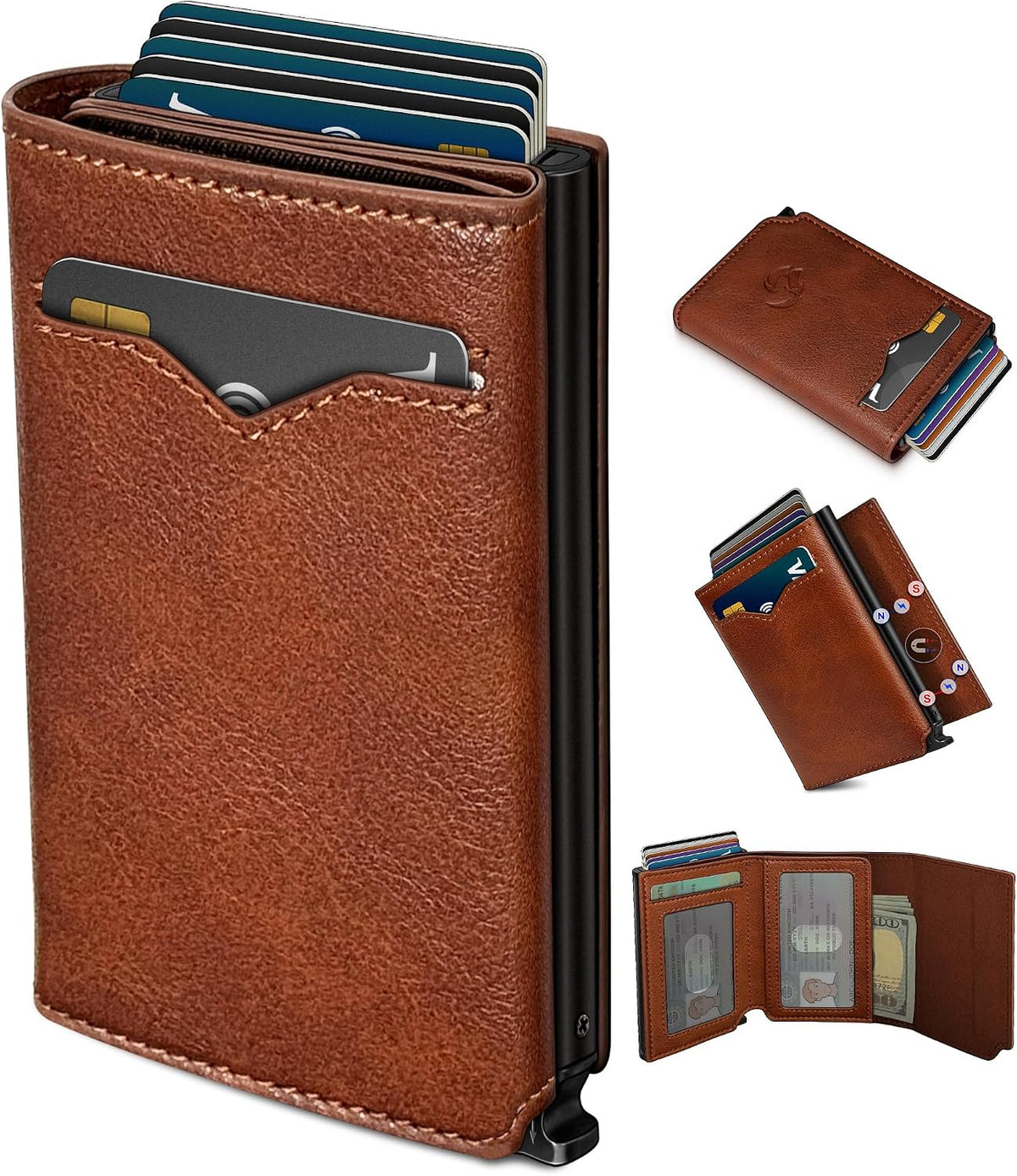 Cartera para hombre, tarjetero desplegable delgado con bloqueo RFID, billetera triple minimalista con 10 ranuras para tarjetas, bolsillo para efectivo y 2 ventanas para identificación, funda