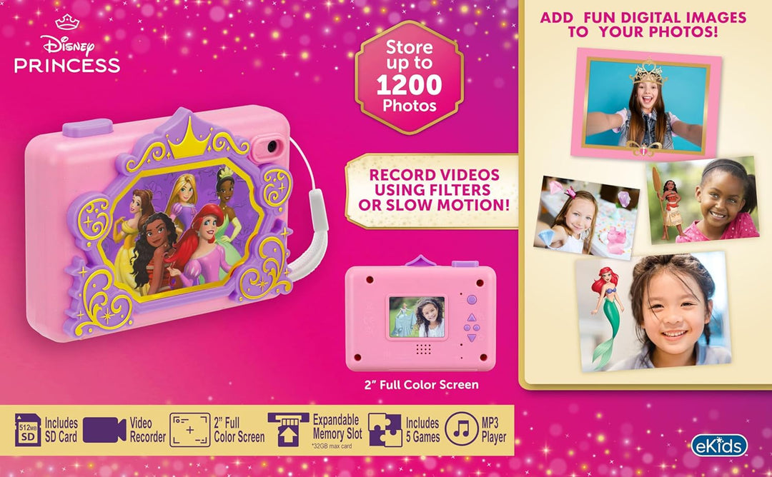 ekids Disney Princess - Cámara para niños con tarjeta SD, cámara di...