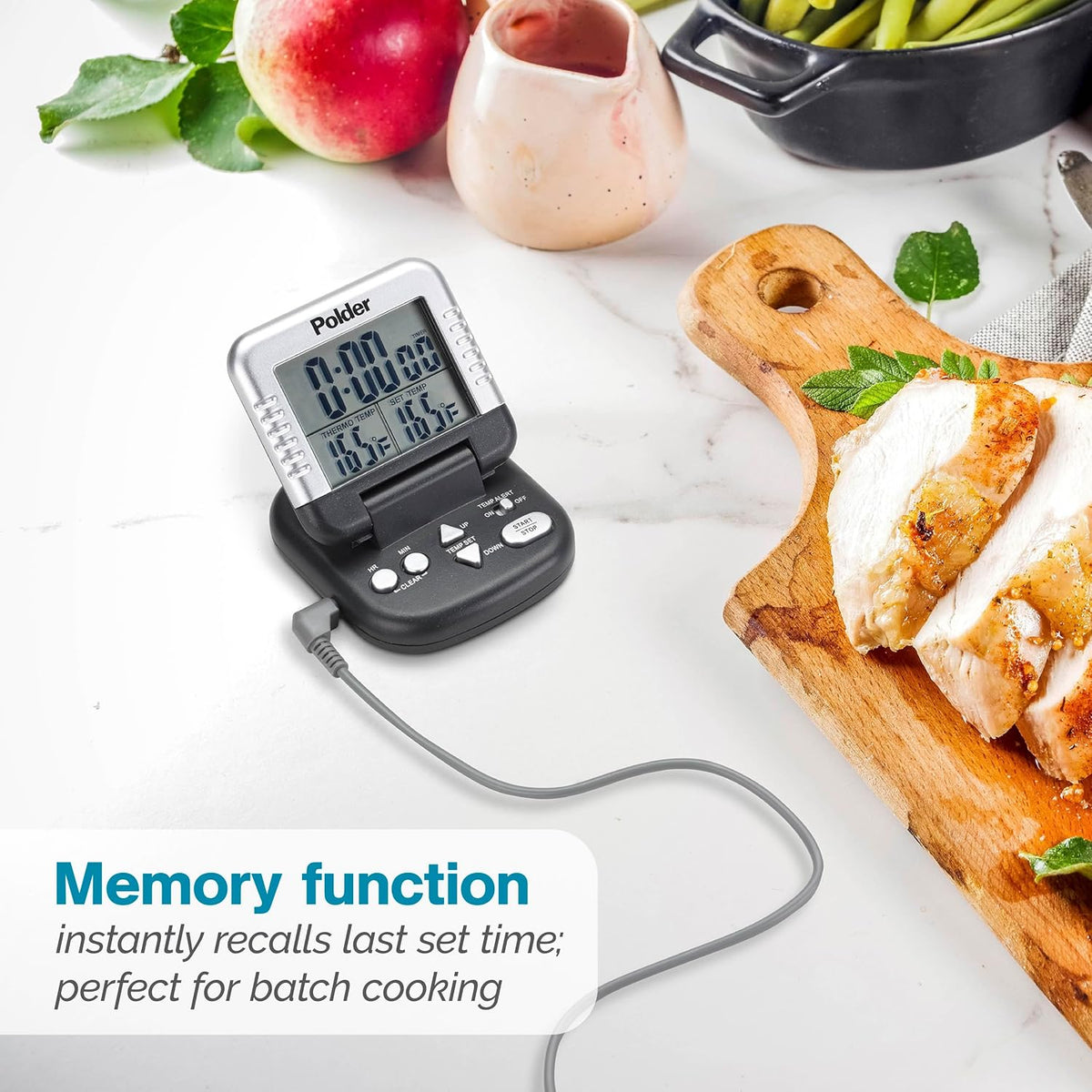 Polder - Termómetro digital clásico y temporizador, termómetro para carne para cocinar, sonda de acero inoxidable, temporizador de cuenta regresiva de 24 horas con cable de silicona de alta