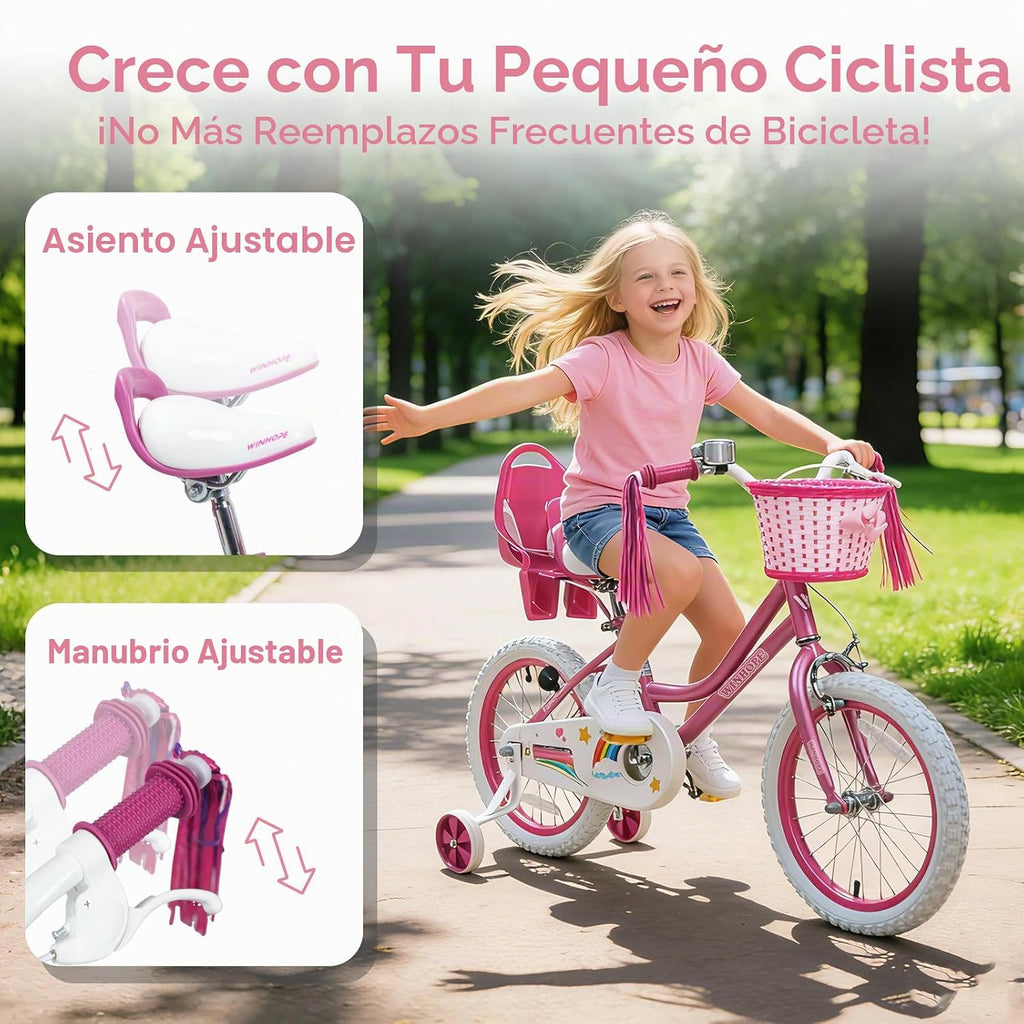 Bicicleta WinHope Fairy Girls con Asiento para Muñeca, Bicicleta Infantil de 12-20 Pulgadas para Edades 2-12