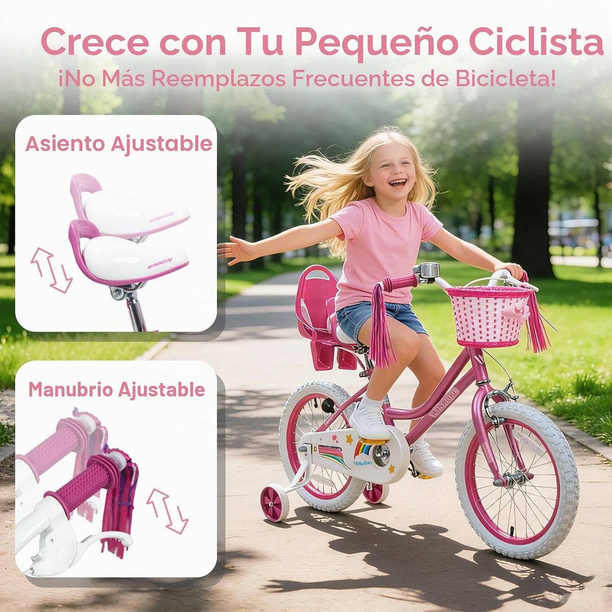 Bicicleta WinHope Fairy Girls con Asiento para Muñeca, Bicicleta Infantil de 12-20 Pulgadas para Edades 2-12