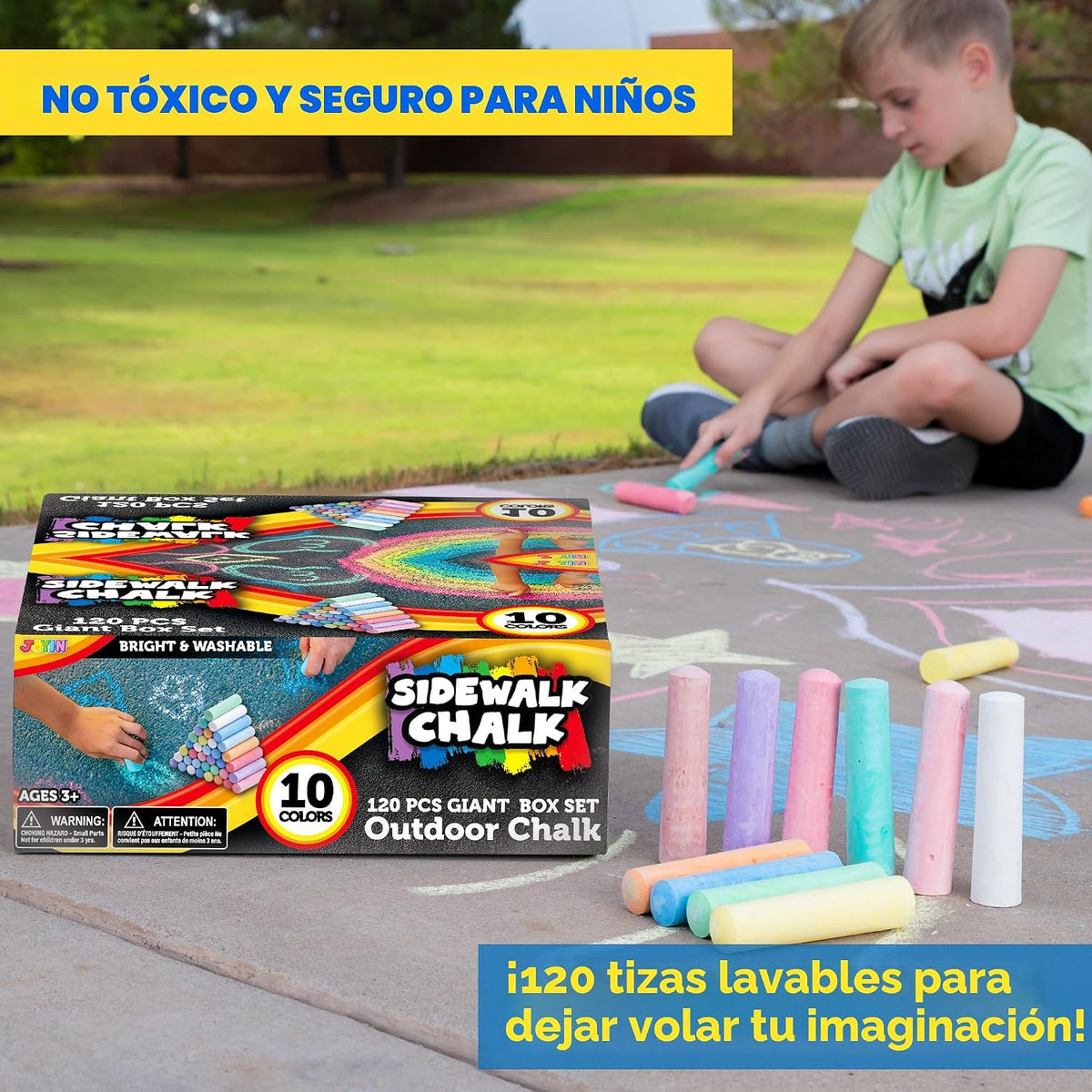 JOYIN 120 tizas para acera para niños, caja gigante, no tóxica, jumbo, color jumbo, lavable, tiza para acera para niños pequeños en 10 colores