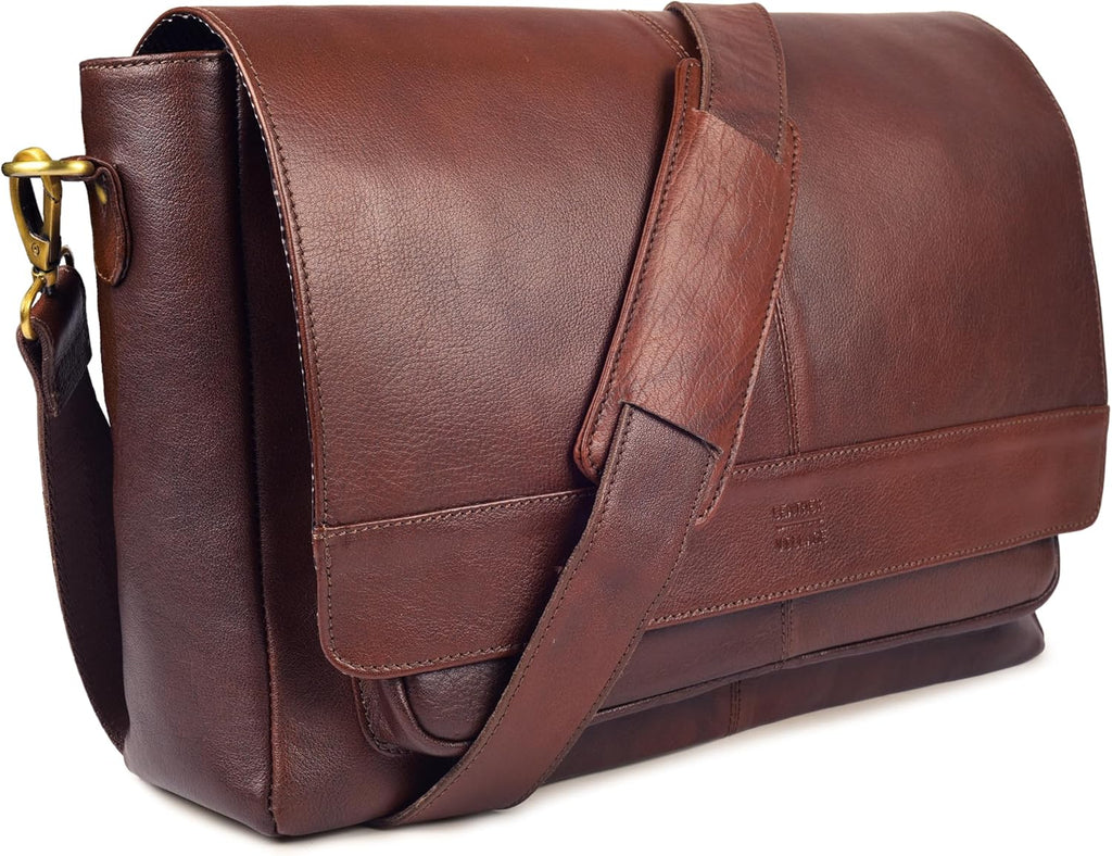 LEATHER VILLAGE Bolso Mensajero de Cuero Vintage–Morral Hecho a Mano de 15.5" para Hombres y Mujeres– Bolso de Hombro para Oficina, Viajes y Uso Diario