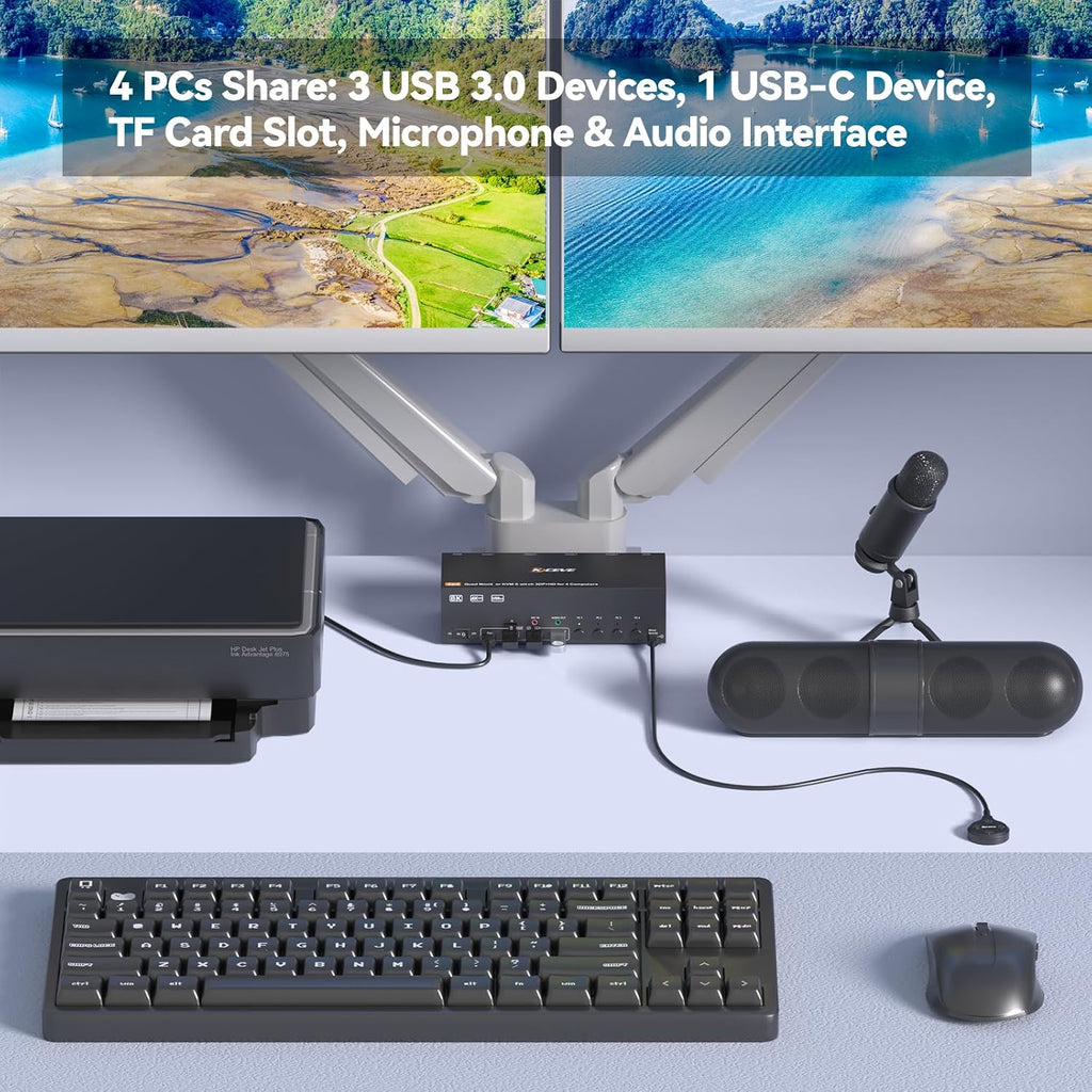 Conmutador KVM de 4 monitores para 4 computadoras HDMI + DisplayPort, conmutador KVM KCEVE DP con conector de audio, 8K @30Hz/4K @144Hz para 4 PC, comparte 4 displays y 4 dispositivos USB 3.0