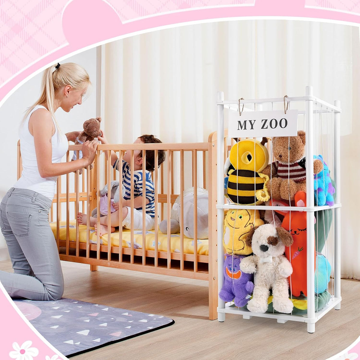Almacenamiento de Animales de Peluche Zoo, Organizador de Animales de Peluche de Madera con Cuerdas Elásticas para Niños y Niñas, Soporte de Almacenamiento de Juguetes de Peluche que Ahorra