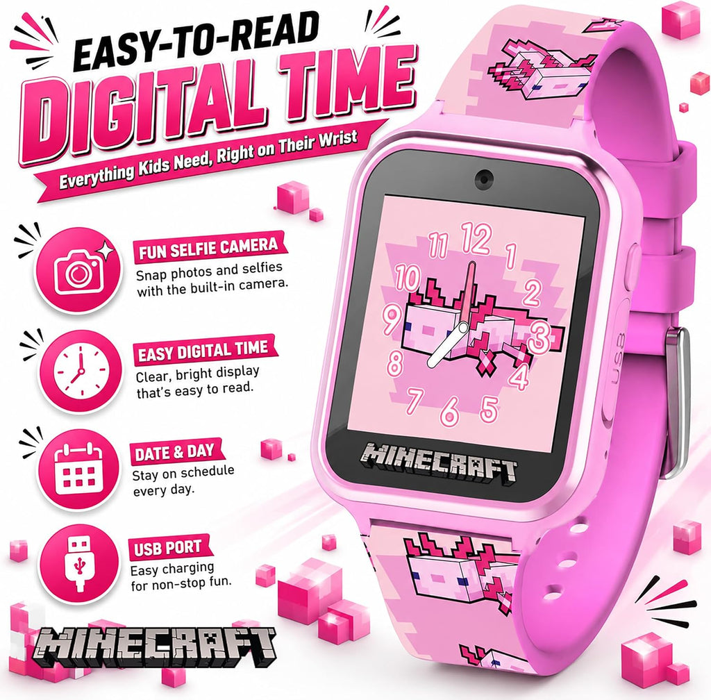 Minecraft - Reloj inteligente para niños, diseño de ajolote rosa, 10 caras de reloj, contador de pasos, cámara selfie, calculadora, juegos, grabadora de voz, alarma y temporizador, correas de silicona