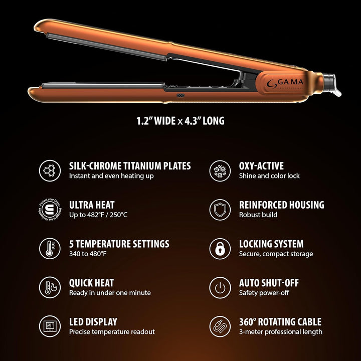 GA.MA Italy Professional Bravo Flat Iron, 1.2" Titanium Plates, 480...