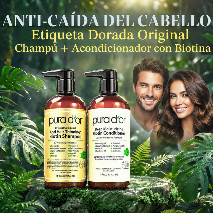 PURA D'OR Champú y acondicionador de biotina antiadelgazante, j...