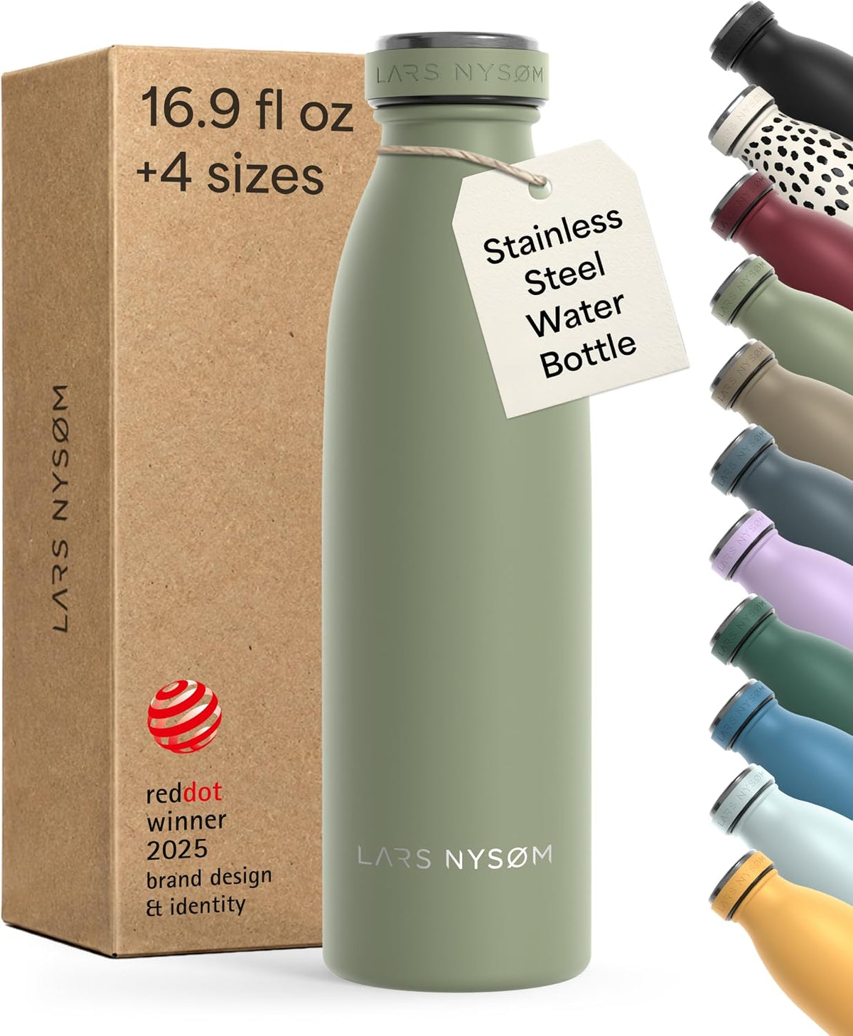 LARS NYSØM Botella de agua aislada de acero inoxidable de 12 onzas, 17 onzas, 25 onzas, 34 onzas, 51 onzas, frasco térmico aislado para bebidas calientes y frías, botella a prueba de fugas (verde
