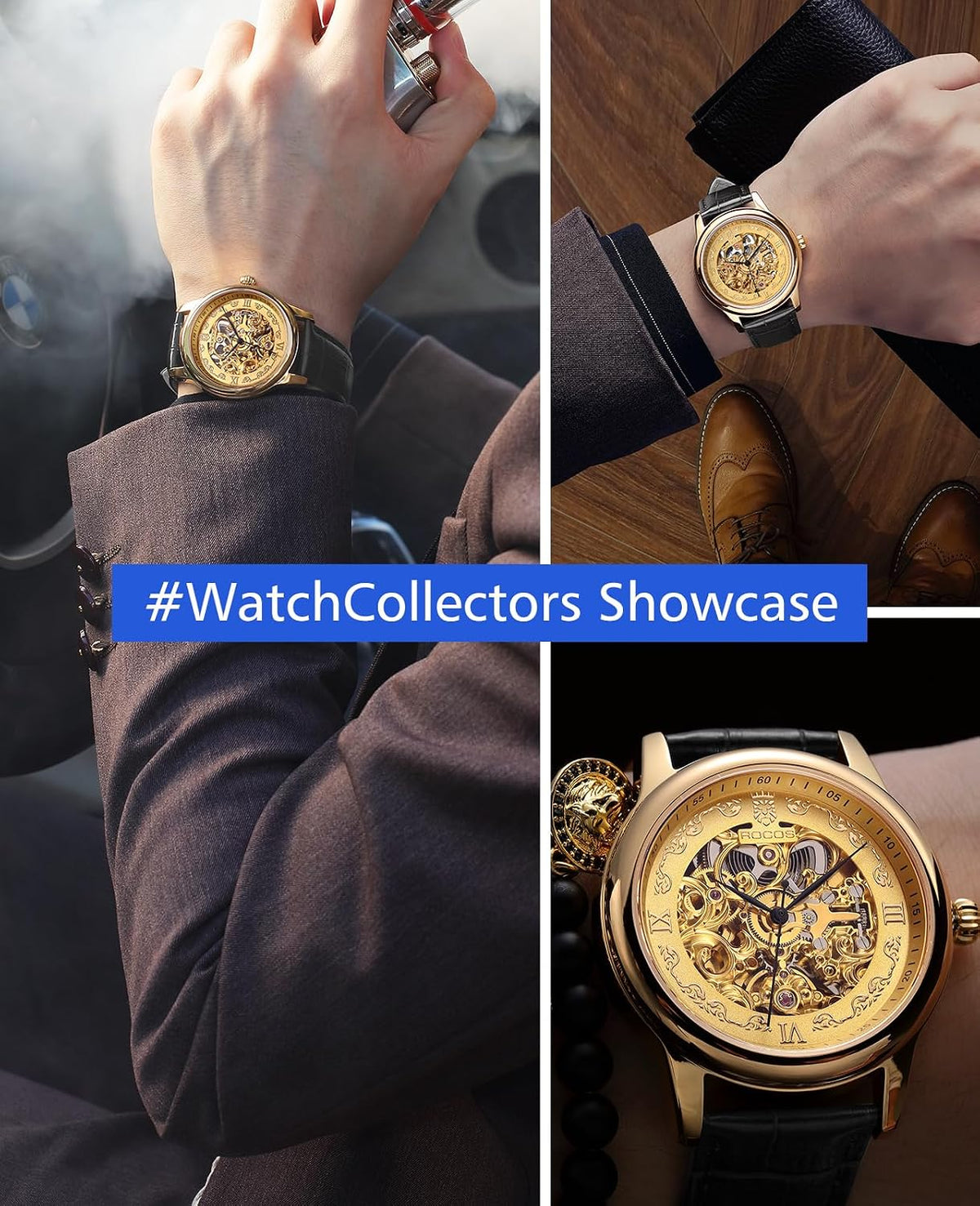 ROCOSJEWE R0106 Reloj Automático para Hombres – Esqueleto de Dial en Oro de Lujo, Reloj Mecánico de Gran Reserva Automático, Reloj de Moda para Hombre, Reloj con Correa de Cuero Negra/Marrón, Resistente al Agua, Regalo para Hombres