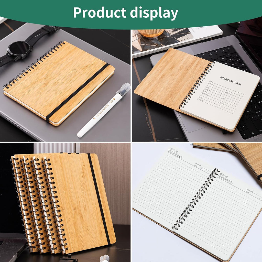 4 paquetes de cuadernos de bambú forrados, diario de madera, 5 x 7
