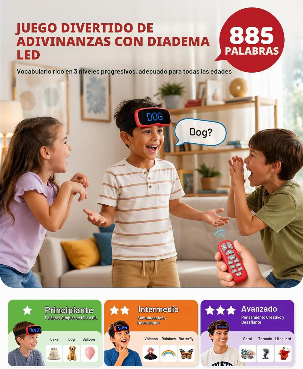 ORSEN Juegos de mesa LED para niños, juego de captura de frases con 885 palabras de vocabulario, 3 niveles de dificultad, sin aplicaciones, sin anuncios, juego de diadema, juegos familiares para niños