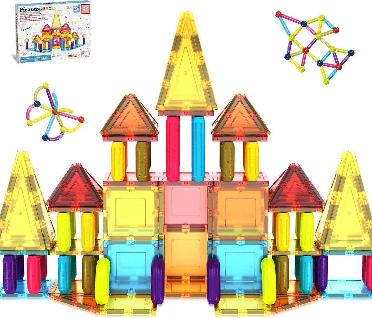 PicassoTiles 82 piezas de palos magnéticos y azulejos magnéticos de construcción de bloques de construcción para niños pequeños, bolas magnéticas de juguete de aprendizaje STEM y más de 3 años para niños y niñas de educación temprana