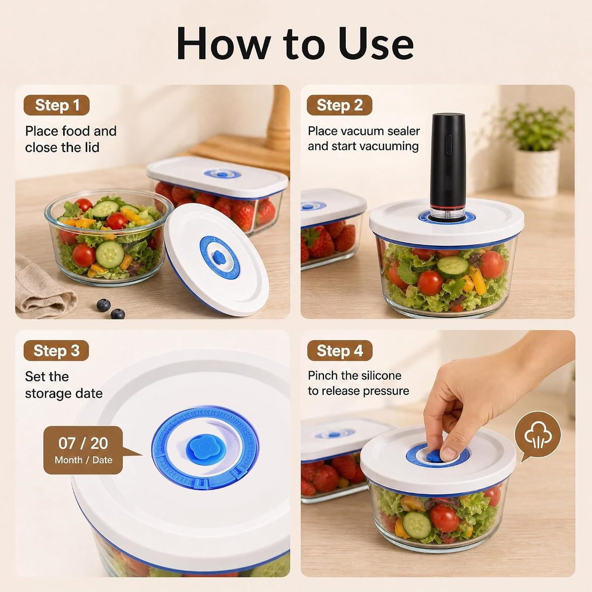 Juego de recipientes de vacío de vidrio borosilicato redondos resistentes al calor, tarros herméticos S, M, L, XL, universales compatibles con máquinas de sellado de mano y de escritorio
