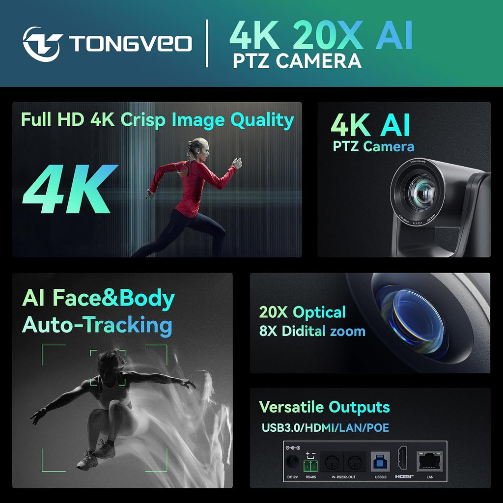 TONGVEO Cámara PTZ 4K AI con seguimiento automático y zoom óptico 20X, cámara web de sala de conferencias con HDMI/USB3.0/LAN/PoE, ideal para adoración de la iglesia, reuniones de zoom, transmisión en vivo y educación
