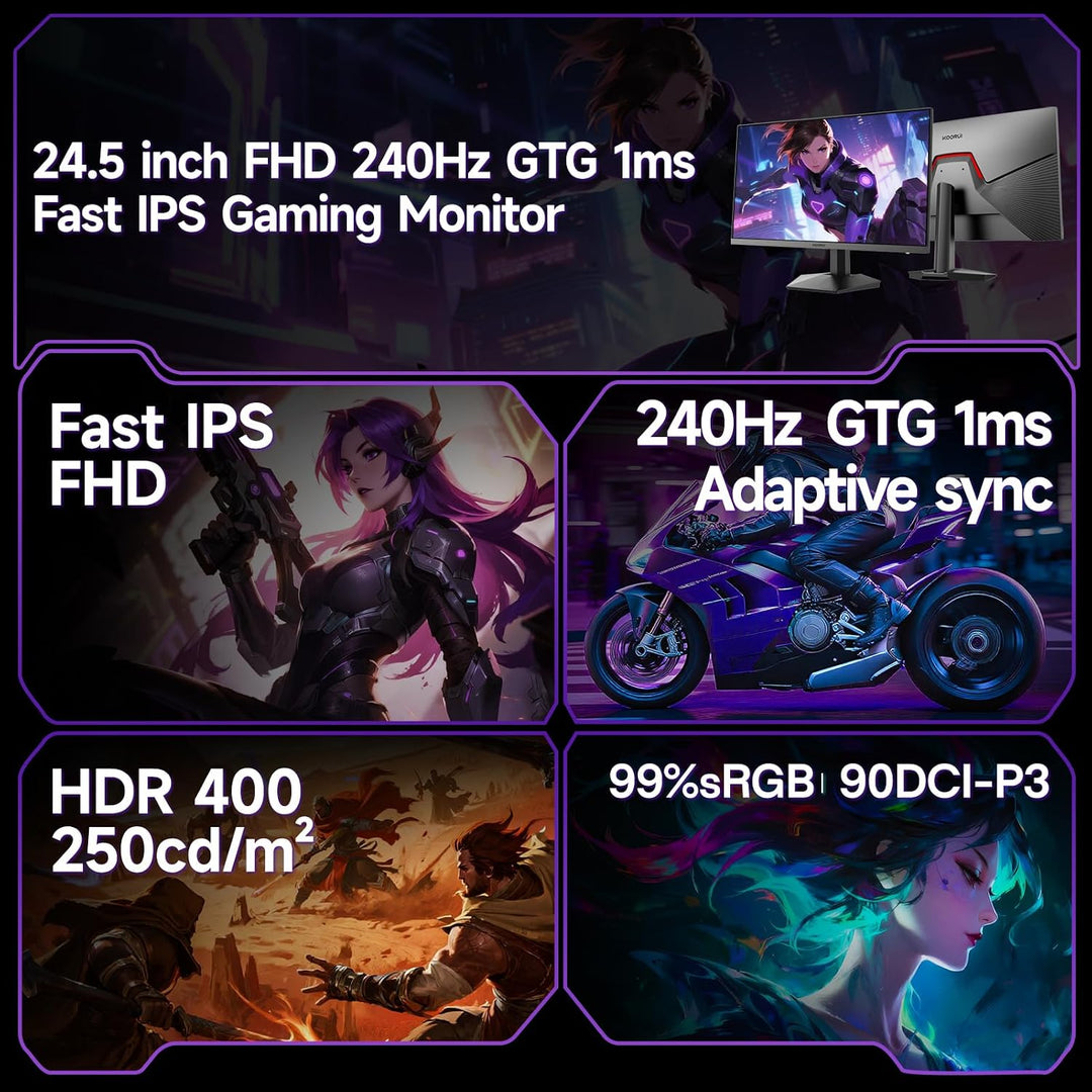KOORUI Monitor para juegos de 24.5 pulgadas FHD 240Hz HDR 400 1ms G...