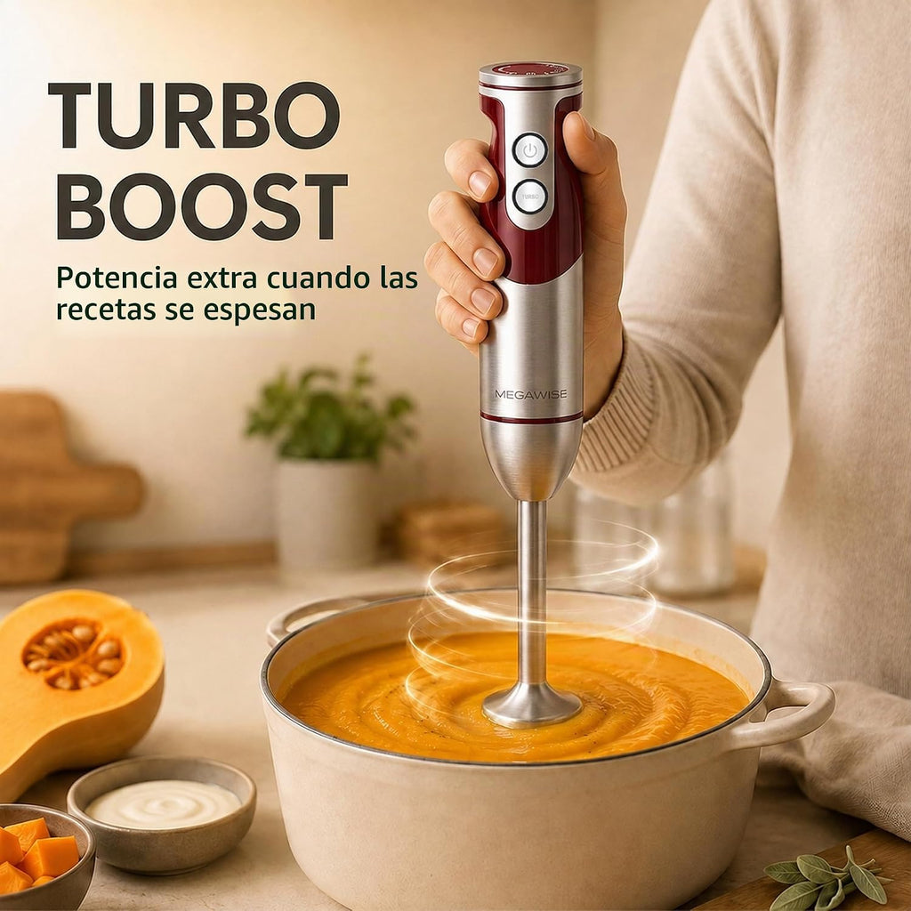 MegaWise Juego de batidora de mano de inmersión 5 en 1 con velocidad variable, 400 W, acero inoxidable, incluye picador, batidor, espumador de leche y vaso medidor, ideal para sopas, batidos