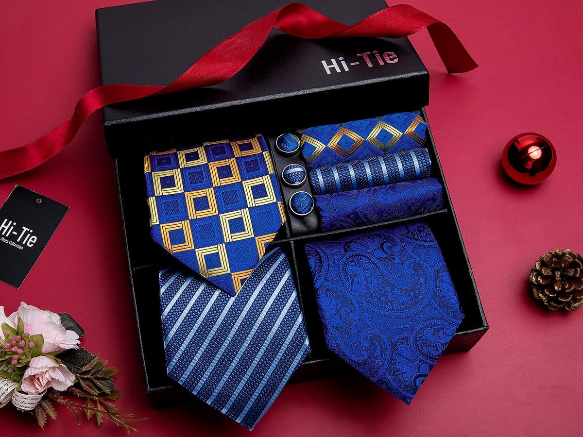 Hi-Tie - Juego de 3 piezas para hombre, incluye corbata, pañuelo de bolsillo, gemelos y pin de solapa, colección de corbata de seda