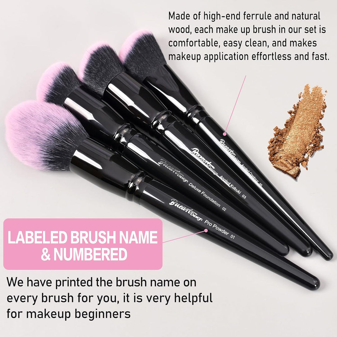 Bueart Design Juego de 18 brochas de maquillaje Pro Deluxe, color r...
