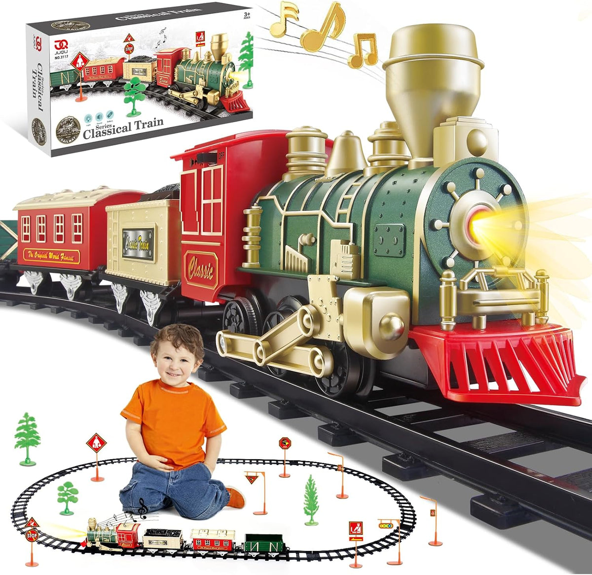 Juego de tren eléctrico para niños de 3 a 8 años, tren de juguete a pilas con luces y sonidos, 3 autos y 10 pistas para Navidad y juego durante todo el año