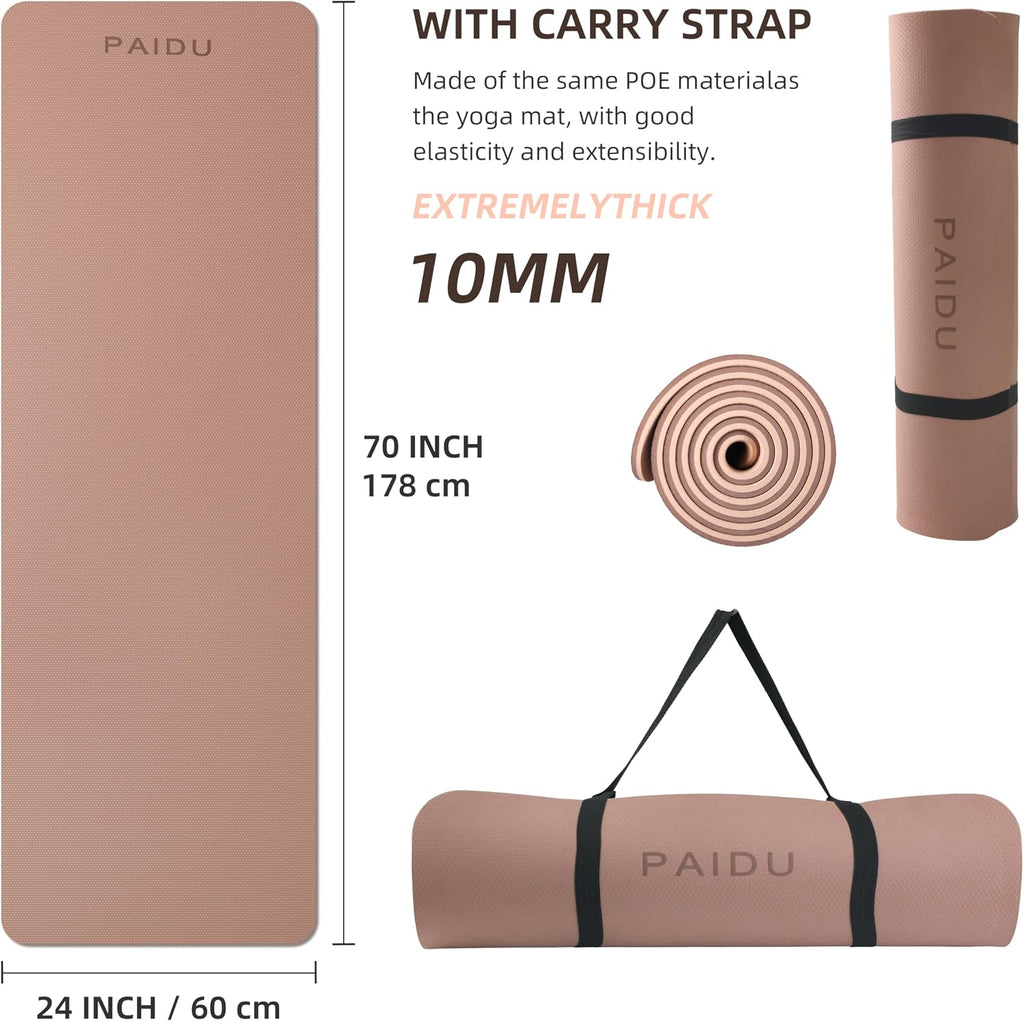 PAIDU POE Yoga Mat （10mm）Extra Thick Fitness Mat 72"x24" con Carry Strap