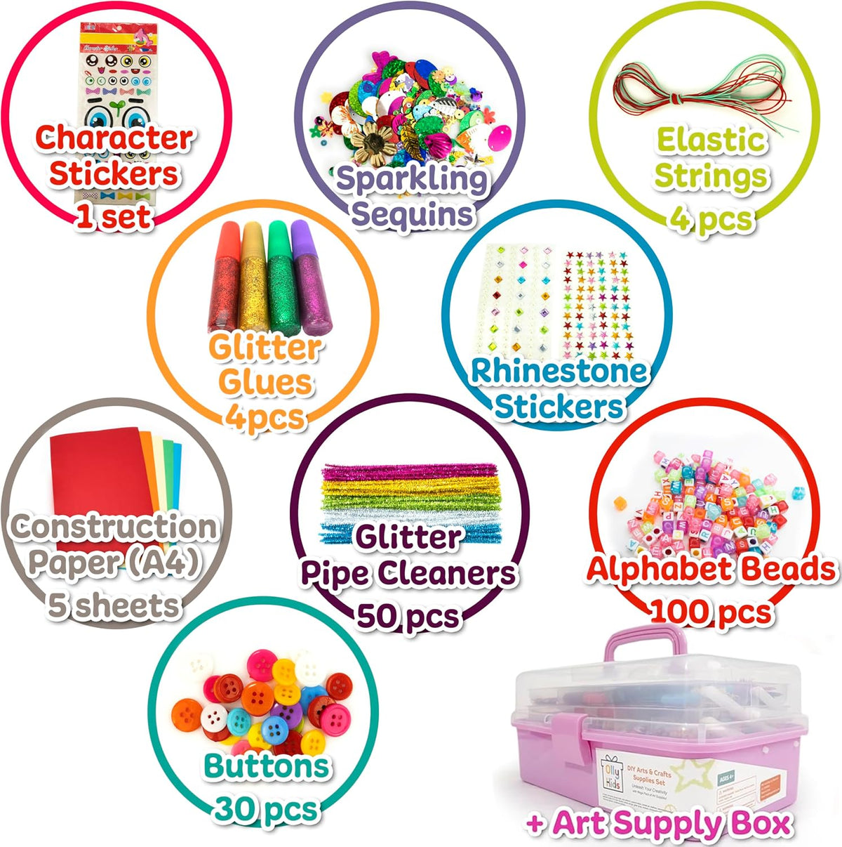Olly Kids Suministros de Arte y Manualidades para Niñas de 4 5 6 7 8 9 10 11 y 12 - Caja de Arte Portátil de 3 Capas con el Mejor Juego de Suministros de Manualidades