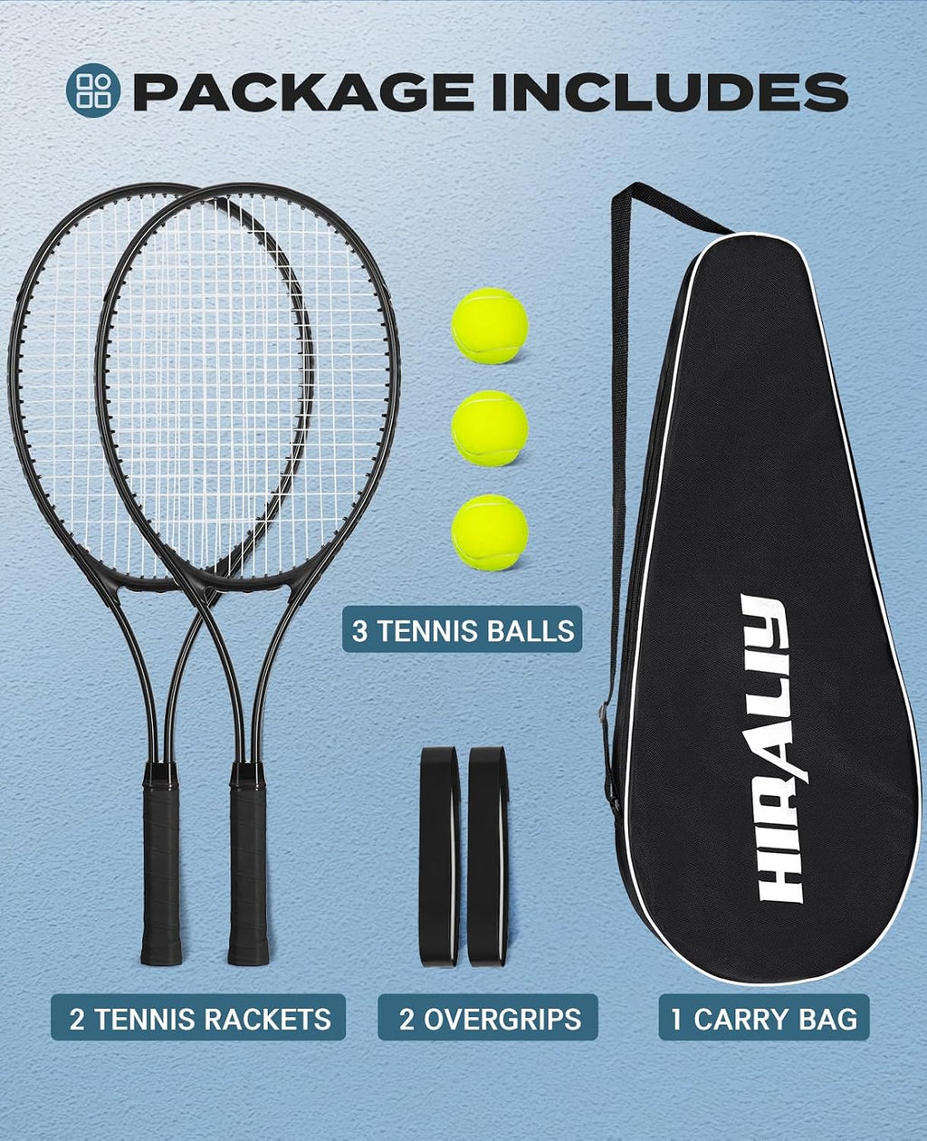 HIRALIY Juego de raquetas de tenis de 27 pulgadas para adultos, raquetas de tenis preencordadas para 2 jugadores, 2 cintas de sobreagarre, 3 pelotas y 1 bolsa de transporte, deporte recreativo al aire
