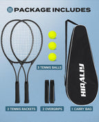 HIRALIY Juego de raquetas de tenis de 27 pulgadas para adultos, raquetas de tenis preencordadas para 2 jugadores, 2 cintas de sobreagarre, 3 pelotas y 1 bolsa de transporte, deporte recreativo al aire