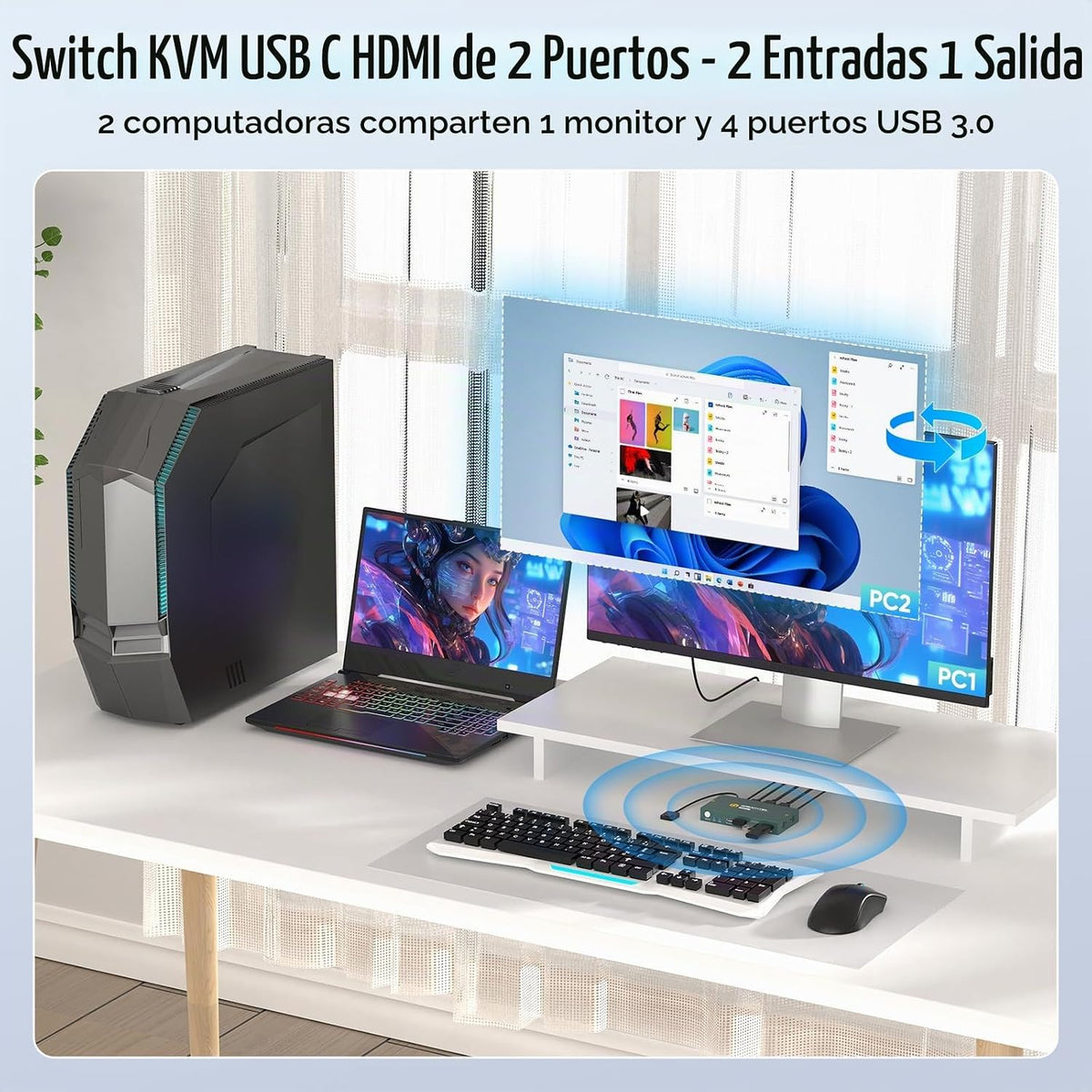 Greathek - Interruptor KVM HDMI USB C para 2 computadoras, interruptor de monitor USB3.0 4K a 60HZ para compartir teclado y mouse de PC/portátil, con 4 puertos USB, compatible con EDID