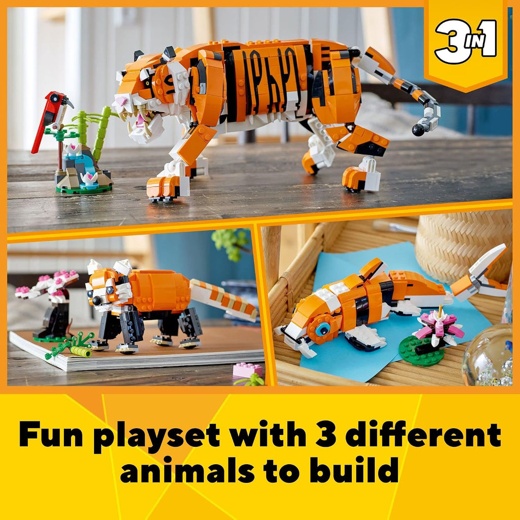 LEGO Creator 31129 - Juego de construcción de tigre majestuoso 3 en 1, se transforma de tigre a panda o pez koi, figuras de animales, juguete de construcción coleccionable, regalos para niños y niñas