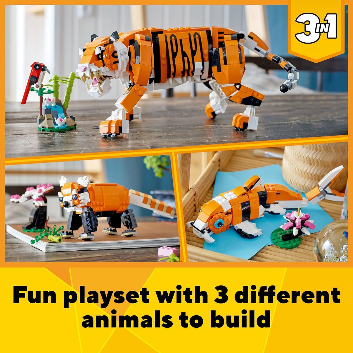 LEGO Creator 31129 - Juego de construcción de tigre majestuoso 3 en 1, se transforma de tigre a panda o pez koi, figuras de animales, juguete de construcción coleccionable, regalos para niños y niñas