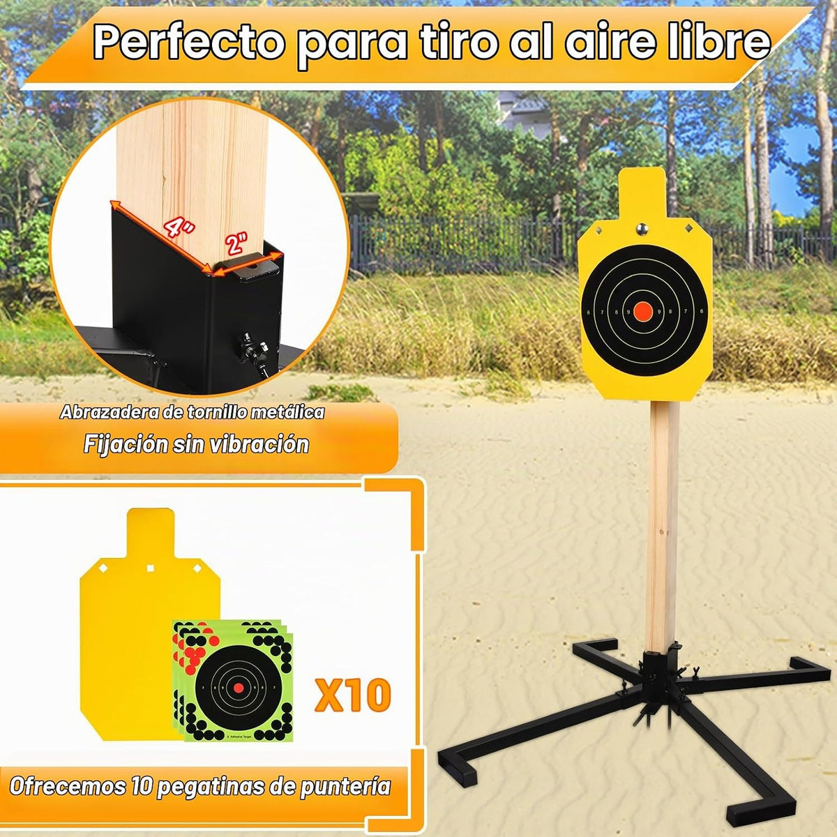 Sistema de soporte de acero AR500, objetivos de rehén de acero de 3/8 pulgadas de grosor con base de soporte estable de 2 x 4, kit completo de disparo con papel de objetivos de 10 piezas para