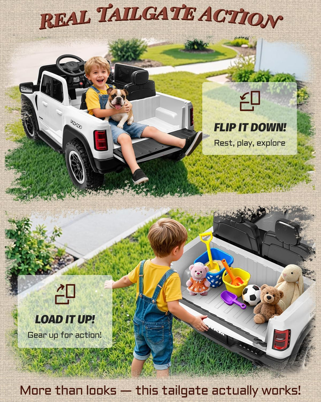 First Ride On - Auto eléctrico de 2 plazas para niños, con licencia RAM 1500 RHO 24V con control remoto, juguetes de paseo para niños con Bluetooth, luces LED, espaciosa cama de camión, palanca de