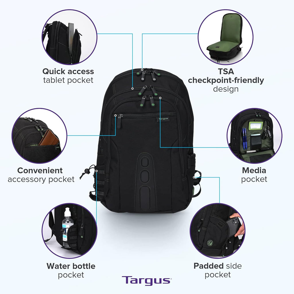 Targus Spruce EcoSmart - Mochila de viaje para laptop de 17 pulgadas, mochila de mano compatible con la TSA, bolsa para computadora portátil para trabajo y viajes, color negro (TBB019US)