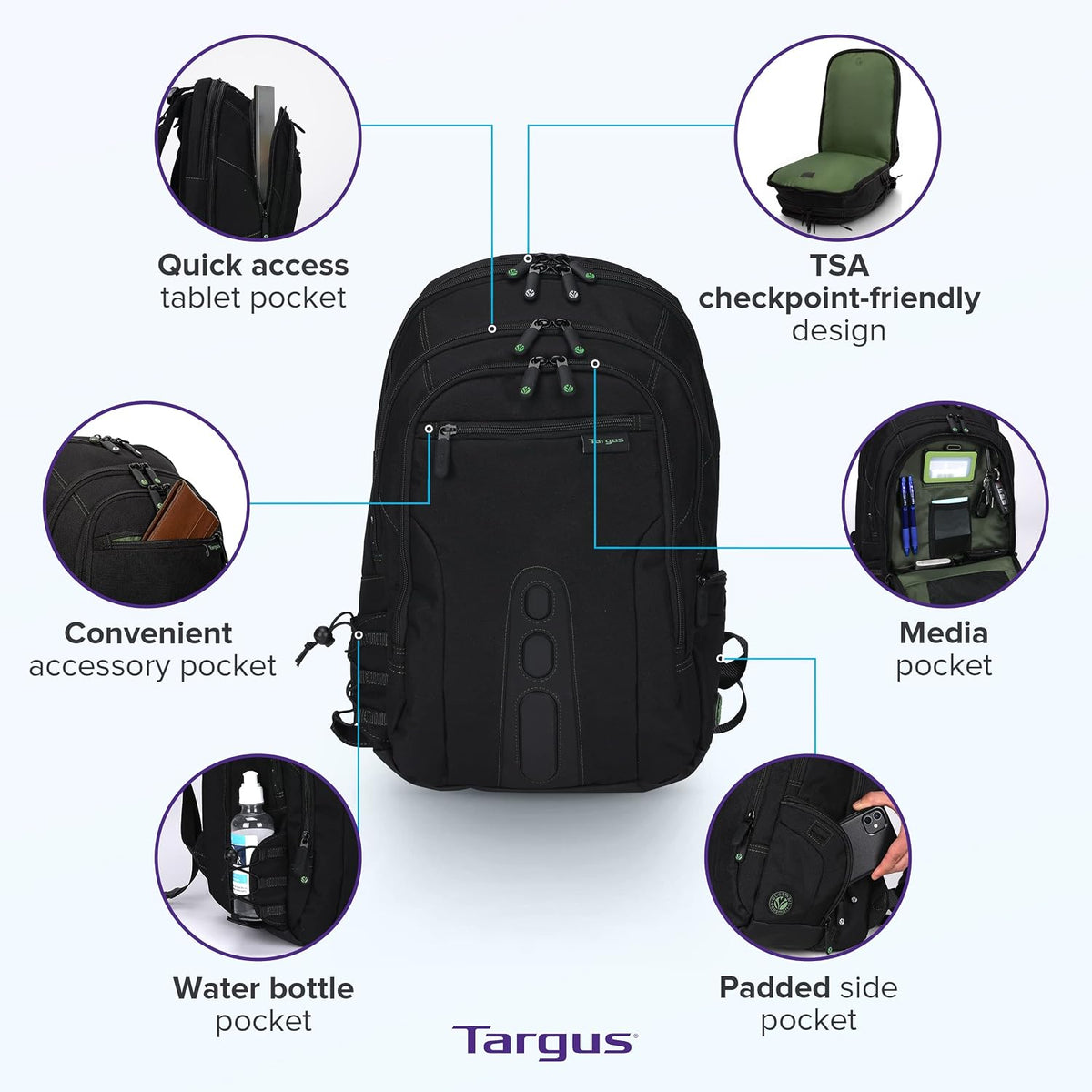 Targus Spruce EcoSmart - Mochila de viaje para laptop de 17 pulgadas, mochila de mano compatible con la TSA, bolsa para computadora portátil para trabajo y viajes, color negro (TBB019US)