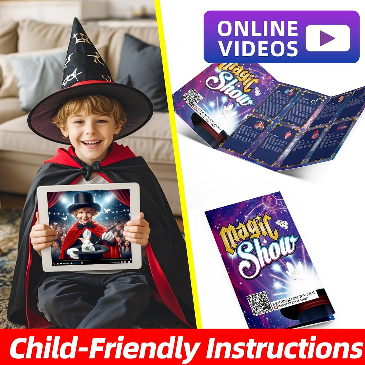 Kit de trucos de magia, 30 en 1, juego de magia para niños de 6, 7, 8, 9, 10, 11, 12, disfraz de mago para juego de simulación e instrucciones en video paso a paso para cada truco para principiantes, regalos de cumpleaños para niños