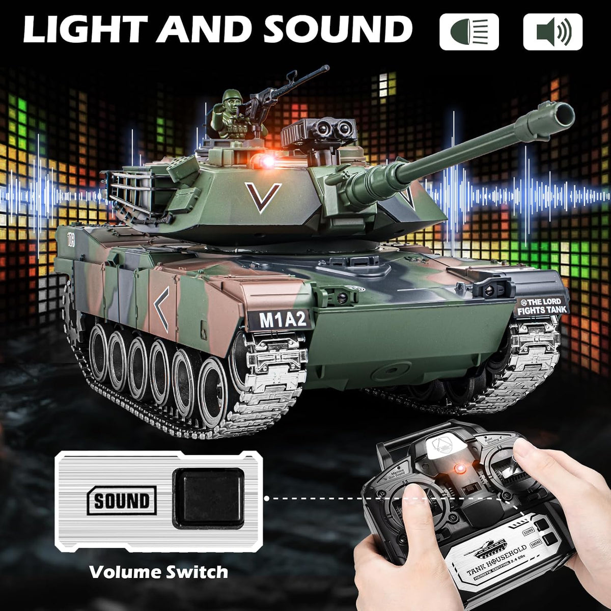 1:18 RC Tank, 2.4G US M1A2 de aleación de metal de metal US M26 tanque de control remoto que dispara juguetes modelo BBS, juguete militar con humo, luces, sonido y retroceso, vehículo militar RC para niños a partir de 8 años