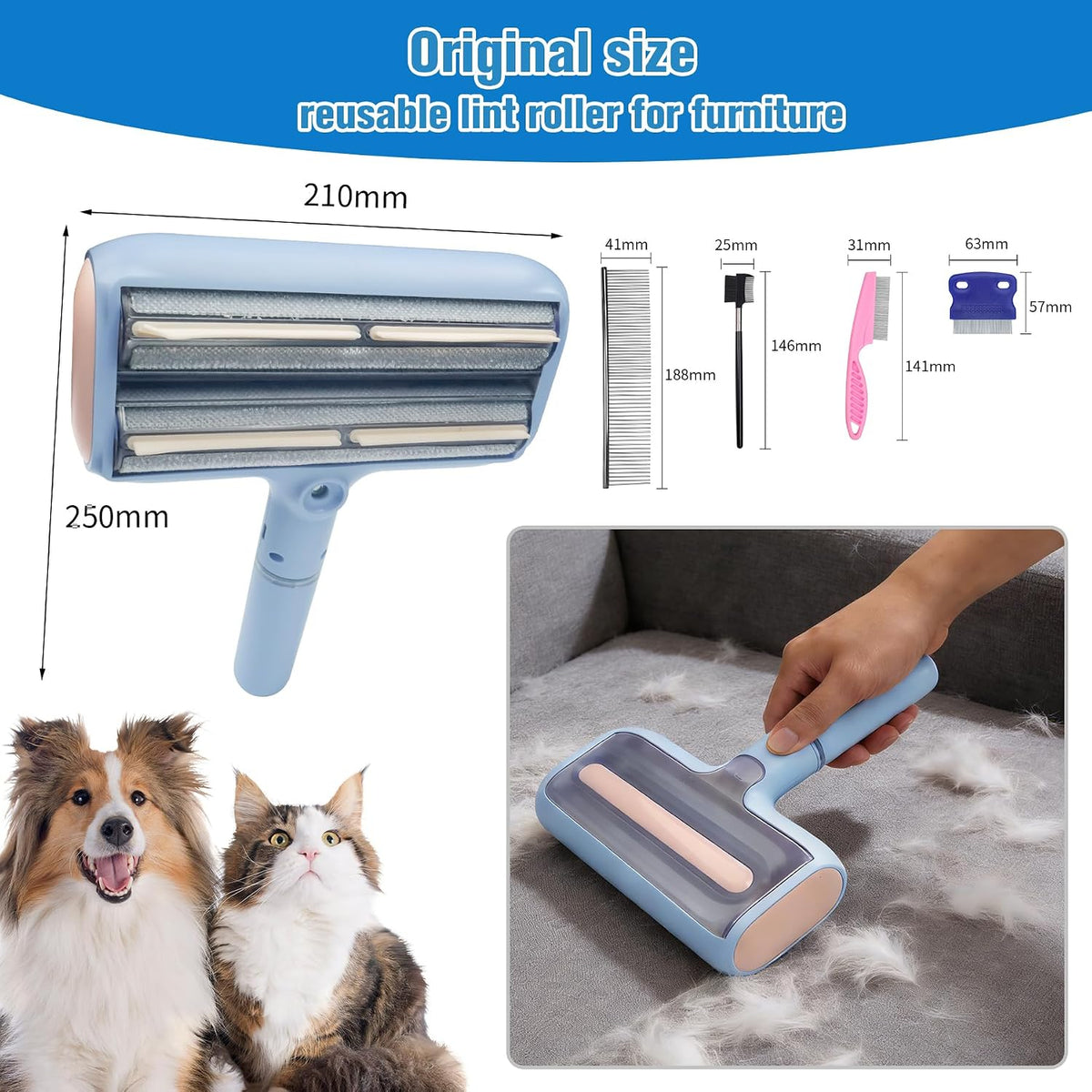 Rodillos para eliminar pelusas de mascotas extra pegajosos con spray de agua, herramienta de eliminación de pelo reutilizable 2 en 1 para muebles, sofá, alfombra, ropa de cama y ropa, incluye