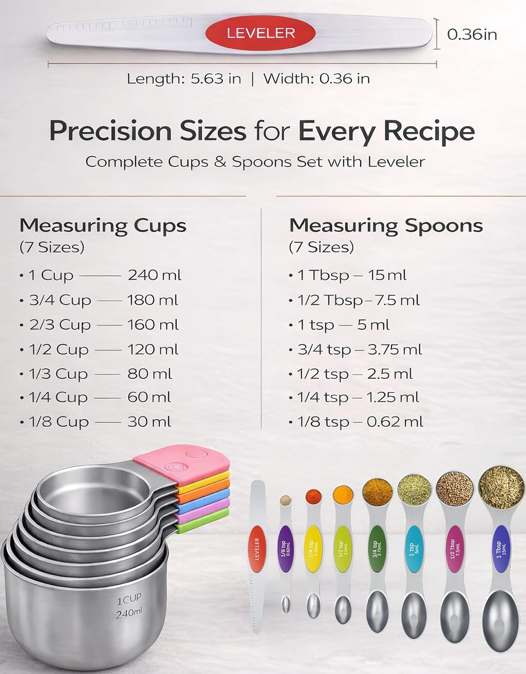 Juego de 15 tazas y cucharas medidoras magnéticas, de acero inoxidable 304, diseño fuerte N52 de anidación magnética con nivelador, para ingredientes secos y líquidos, apto para lavavajillas (colorido)