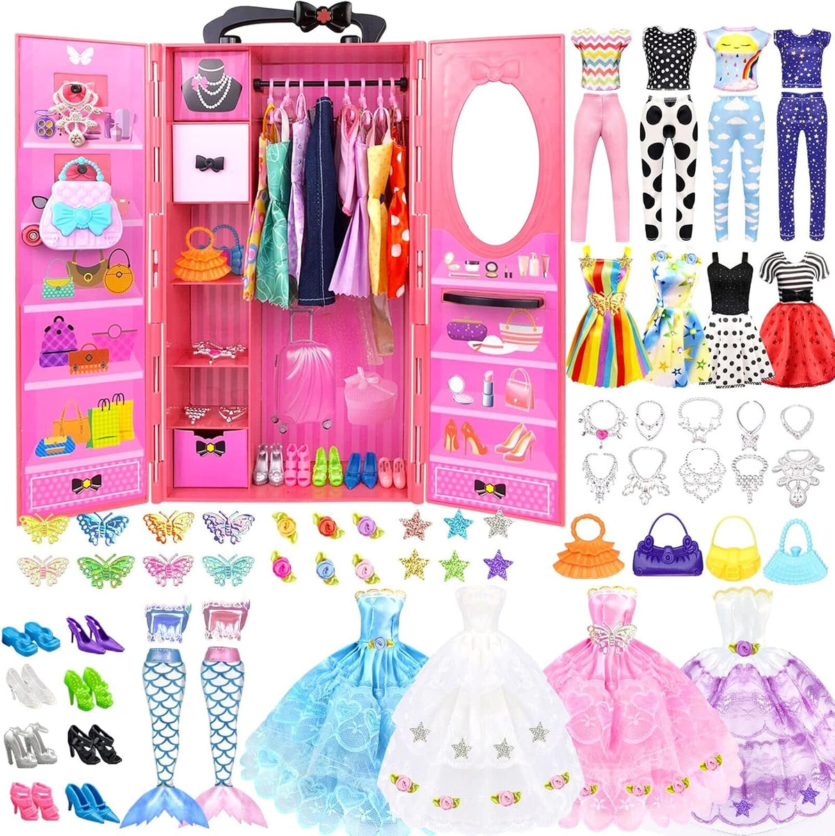Paquete de 84 ropa y accesorios para muñecas con armario de muñecas para muñecas de 11.5 pulgadas, kit de diseño de moda para niña, incluye vestido de boda, vestido de moda, tops y pantalones, zapatos, perchas bolsas, collares