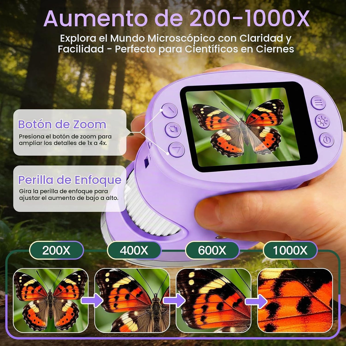 Microscopio digital de mano 4K 1000X para niños con pantalla IPS de 2.0