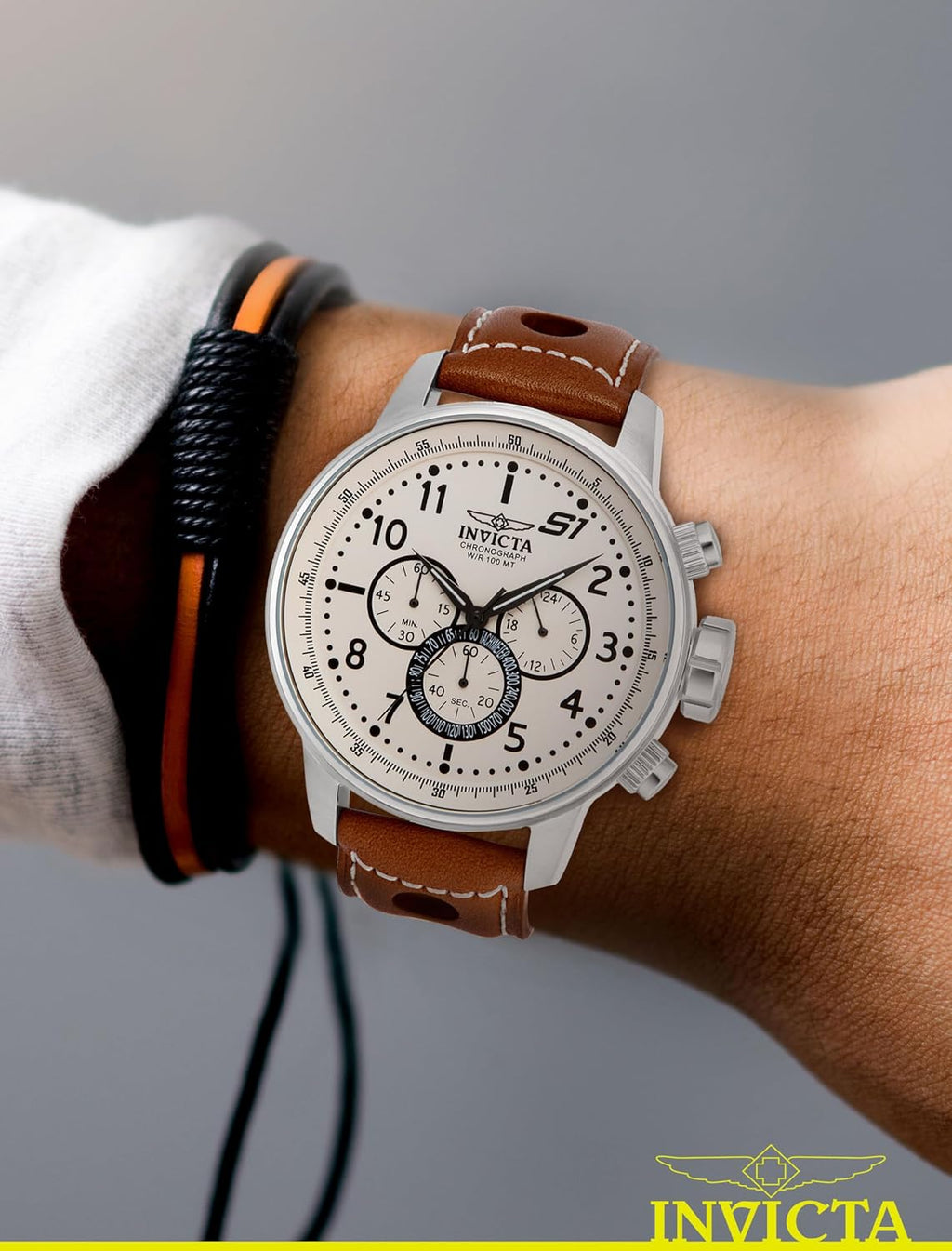 Reloj cronógrafo Invicta Rally S1 para hombre, de acero inoxidable, con correa de cuero marrón