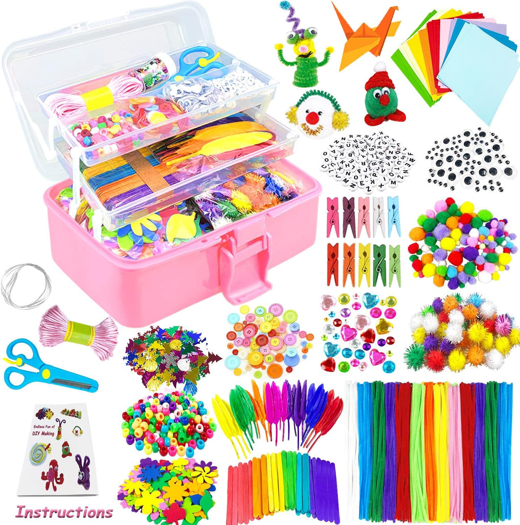 VLUSSO Suministros de artes y manualidades para niños, kits de manualidades, materiales de arte, juego de manualidades para niños con limpiapipas, caja de manualidades, juguetes preescolares en casa