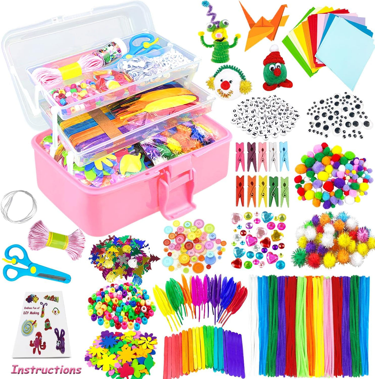 VLUSSO Suministros de artes y manualidades para niños, kits de manualidades, materiales de arte, juego de manualidades para niños con limpiapipas, caja de manualidades, juguetes preescolares en casa