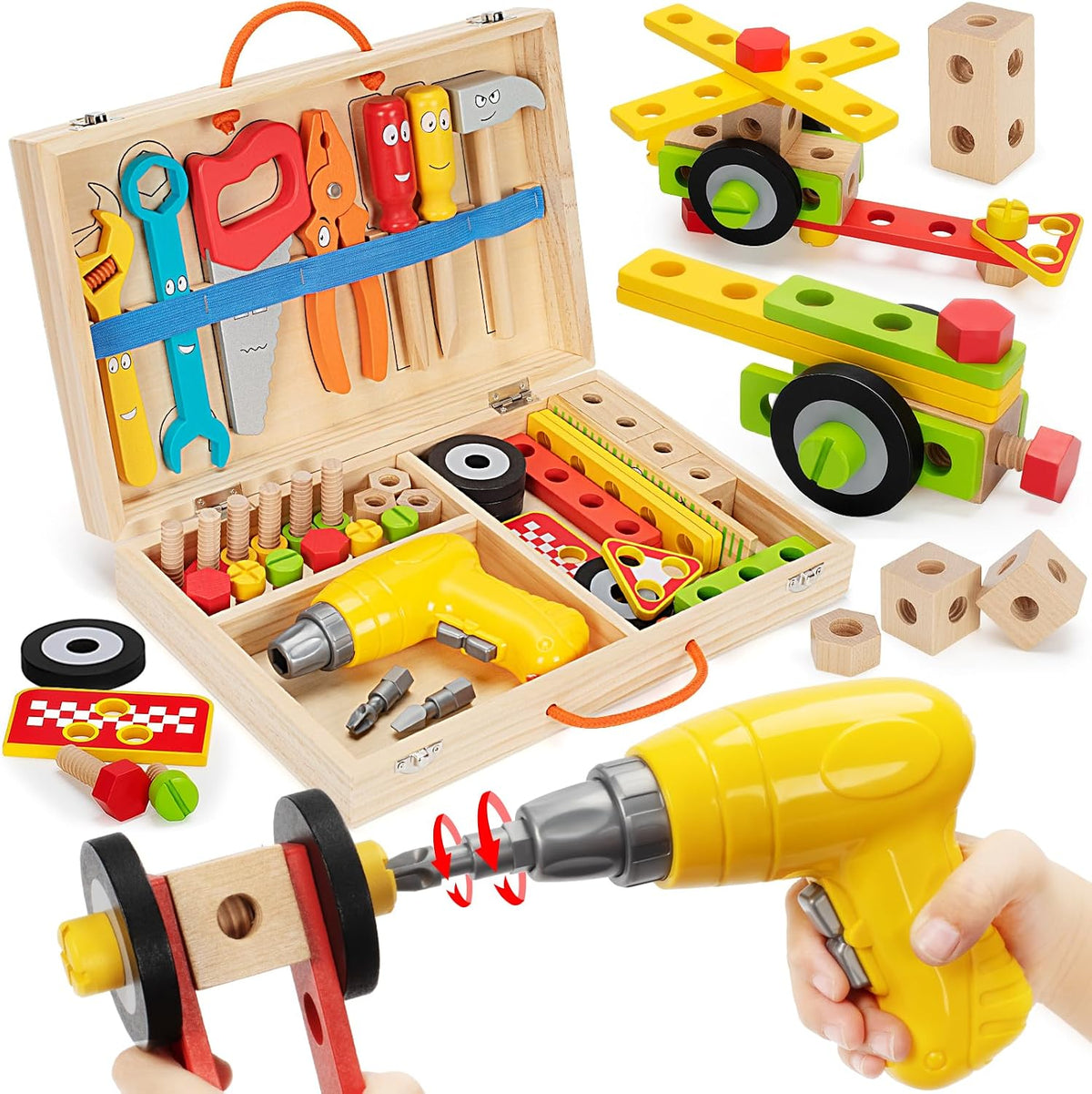 Juego de 44 herramientas para niños pequeños, herramientas de madera para
